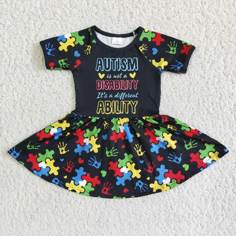 Clearance D3-11 Autism Black Blue Yellow Green Letter Girls Short Sleeve Dresses