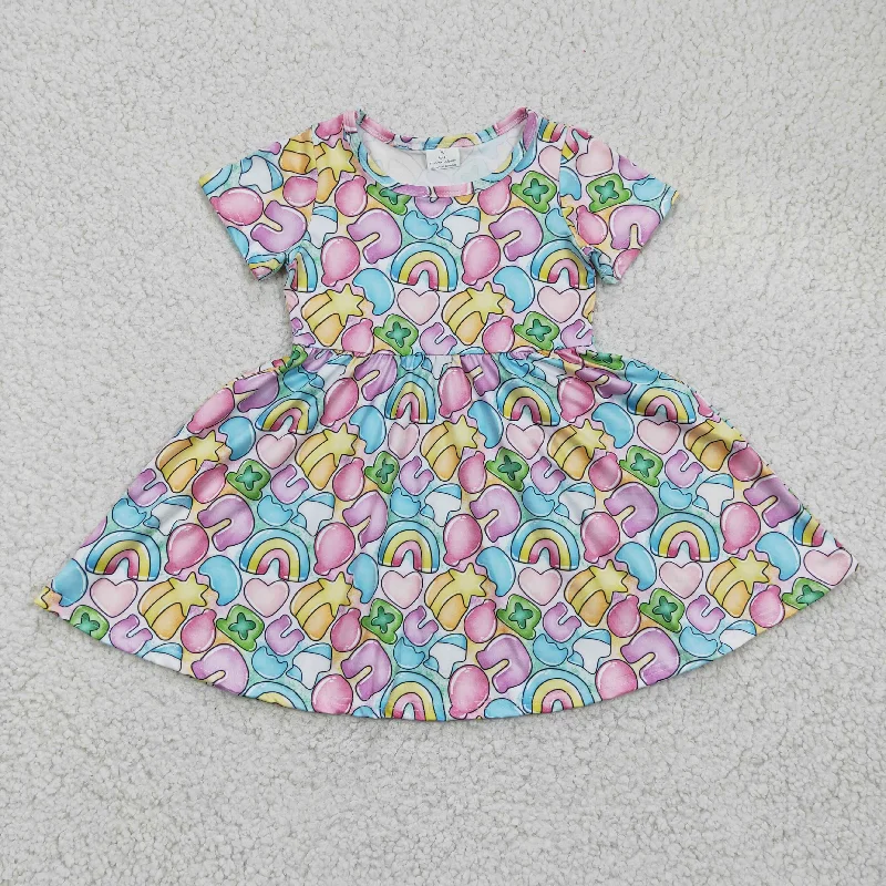 GSD0171 St. Patrick Clover Rainbow Pink Girls Short Sleeve Dresses