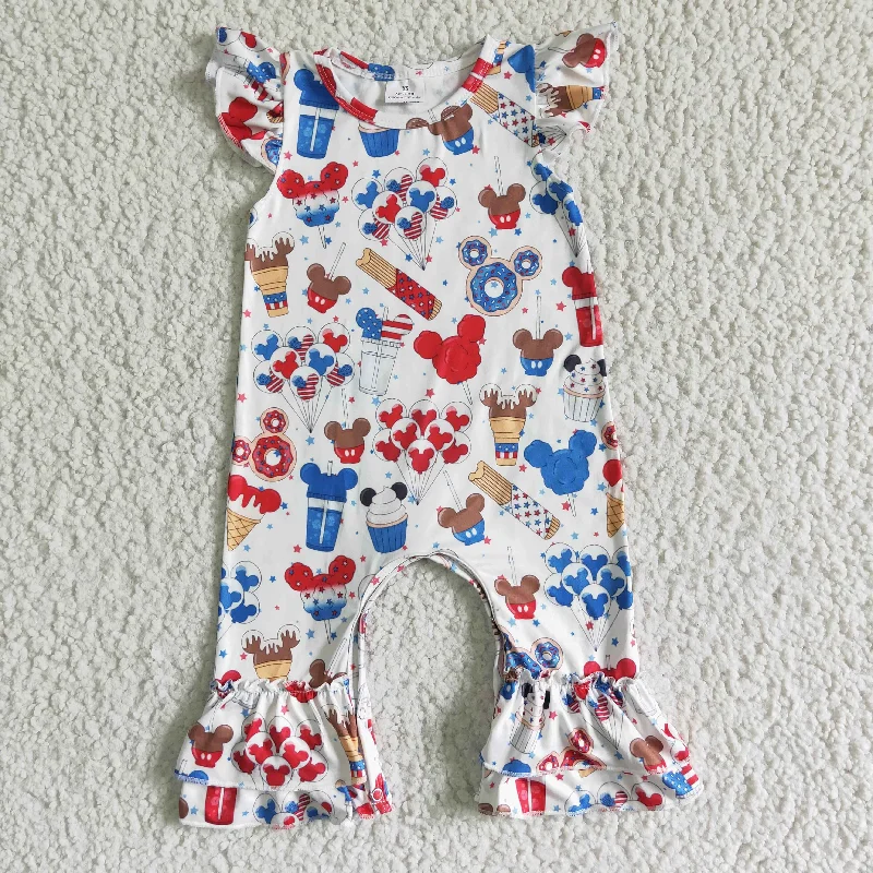 SR0047 4th Of July Red Blue Cartoon Girls Flutter Sleeve Romper