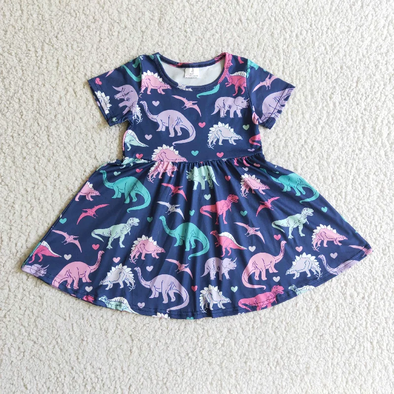 Clearance A0-12 Blue Purple Pink Dinosaur Girls Short Sleeve Dresses