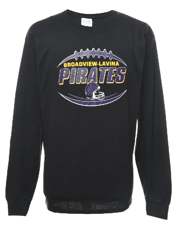 Long Sleeved Black, Purple & Yellow Pirates Design Printed T-shirt - L