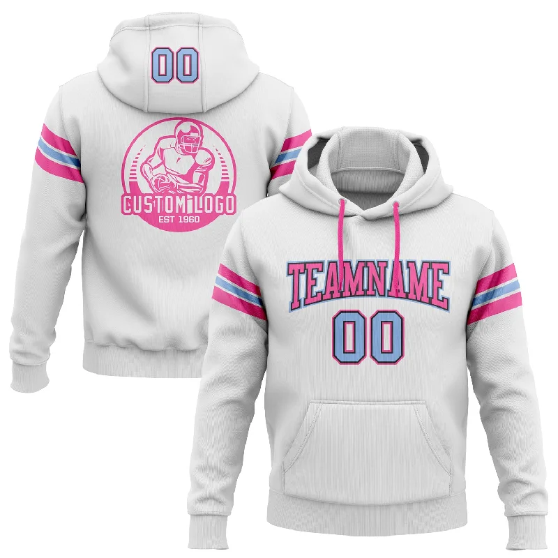 Custom Stitched White Light Blue Black-Pink Football Pullover Sweatshirt Hoodie