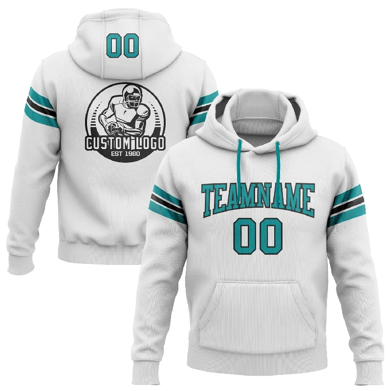 Custom Stitched White Teal-Black Football Pullover Sweatshirt Hoodie