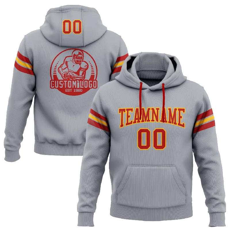 Custom Stitched Gray Red-Gold Football Pullover Sweatshirt Hoodie