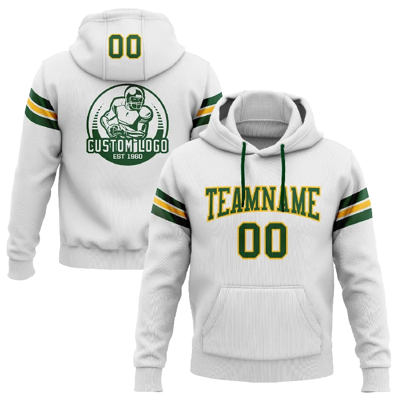 Custom Stitched White Green-Gold Football Pullover Sweatshirt Hoodie