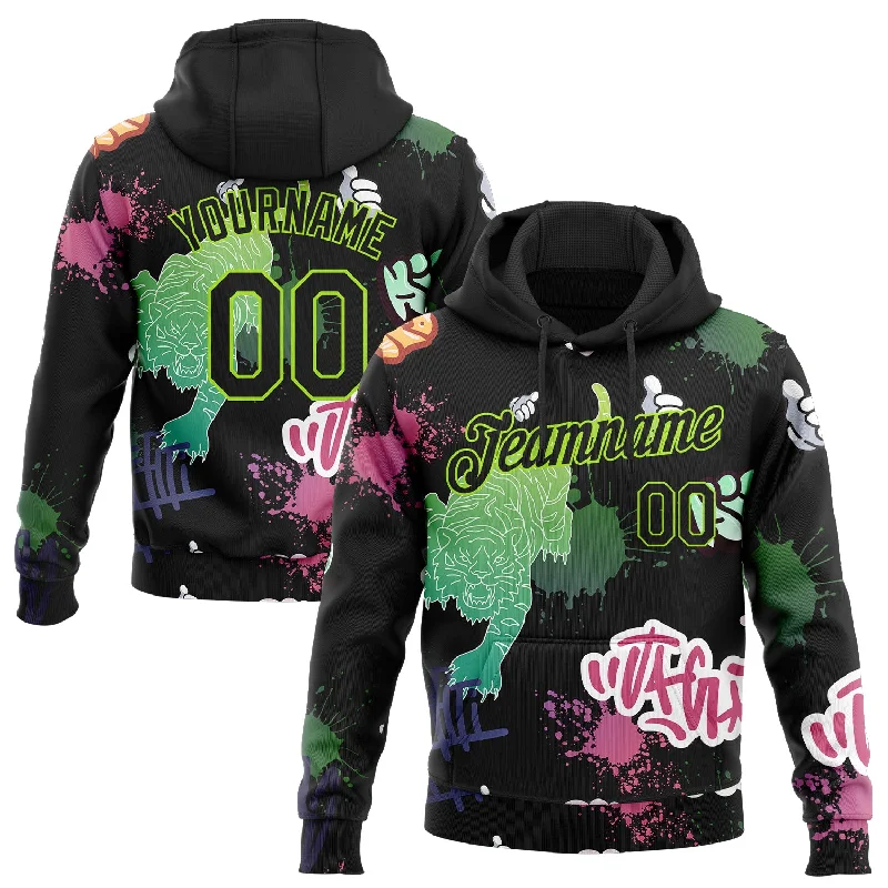 Custom Stitched Black Neon Green 3D Pattern Design Tiger Sports Pullover Sweatshirt Hoodie