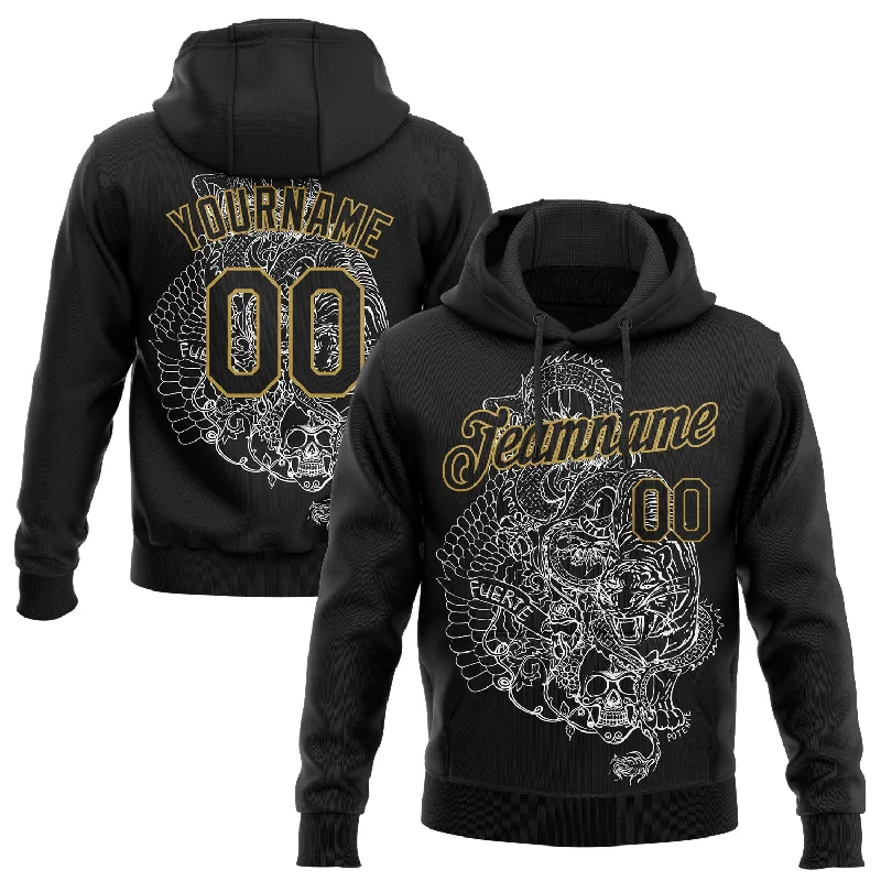 Custom Stitched Black Old Gold 3D Pattern Design Tiger And Skull Sports Pullover Sweatshirt Hoodie