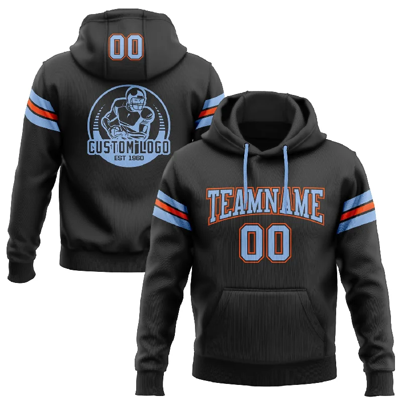 Custom Stitched Black Light Blue-Orange Football Pullover Sweatshirt Hoodie