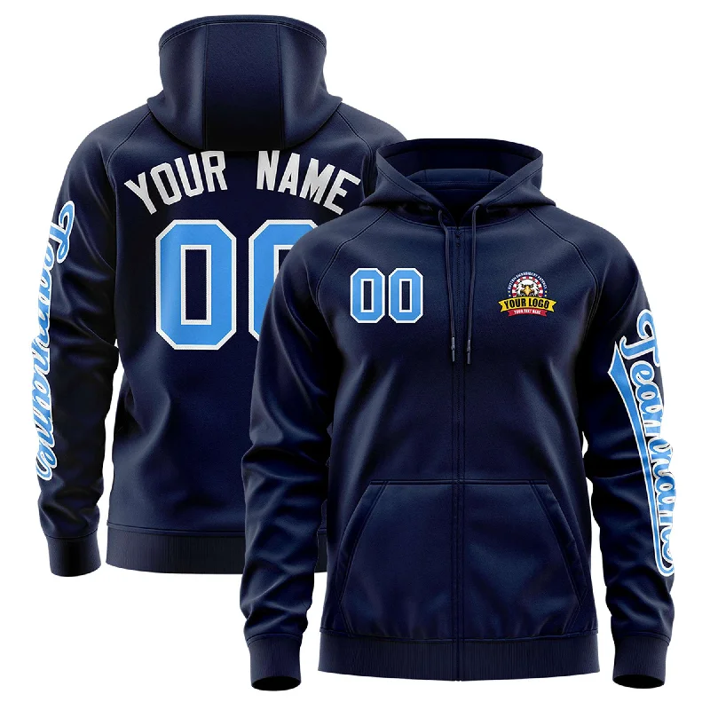 Custom Navy Powder Blue Varsity Full-Zip Letterman Classic Hoodie Jacket