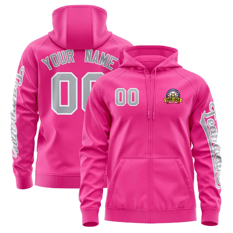 Custom Pink Gray Varsity Full-Zip Letterman Classic Hoodie Jacket