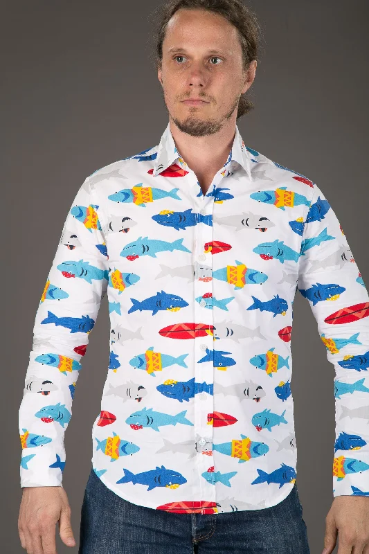 Shark Print Cotton Slim Fit Mens Shirt Long Sleeve