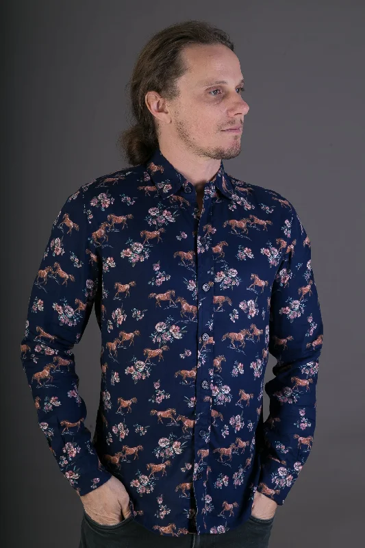 Blue Horses Floral Print Cotton Slim Fit Mens Shirt Long Sleeve