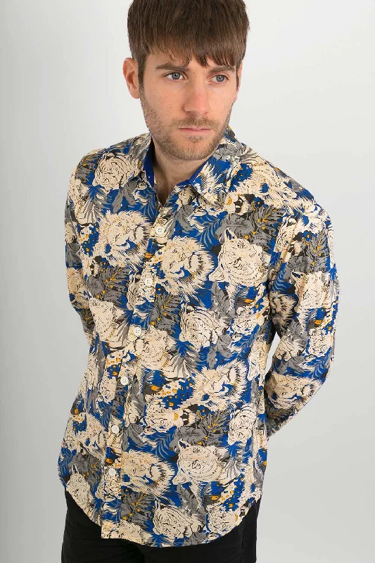 Blue Lions Tigers Print Cotton Slim Fit Mens Shirt Long Sleeve