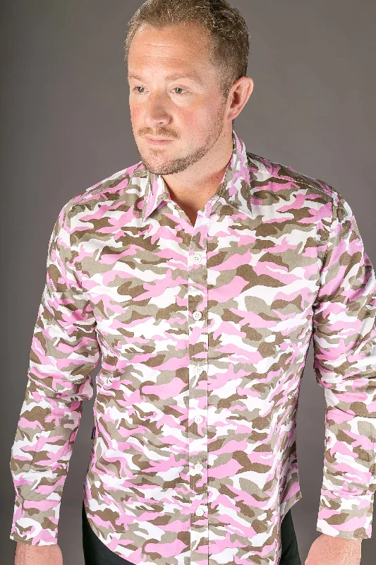 Camouflage Pink Print Cotton Slim Fit Mens Shirt Long Sleeve