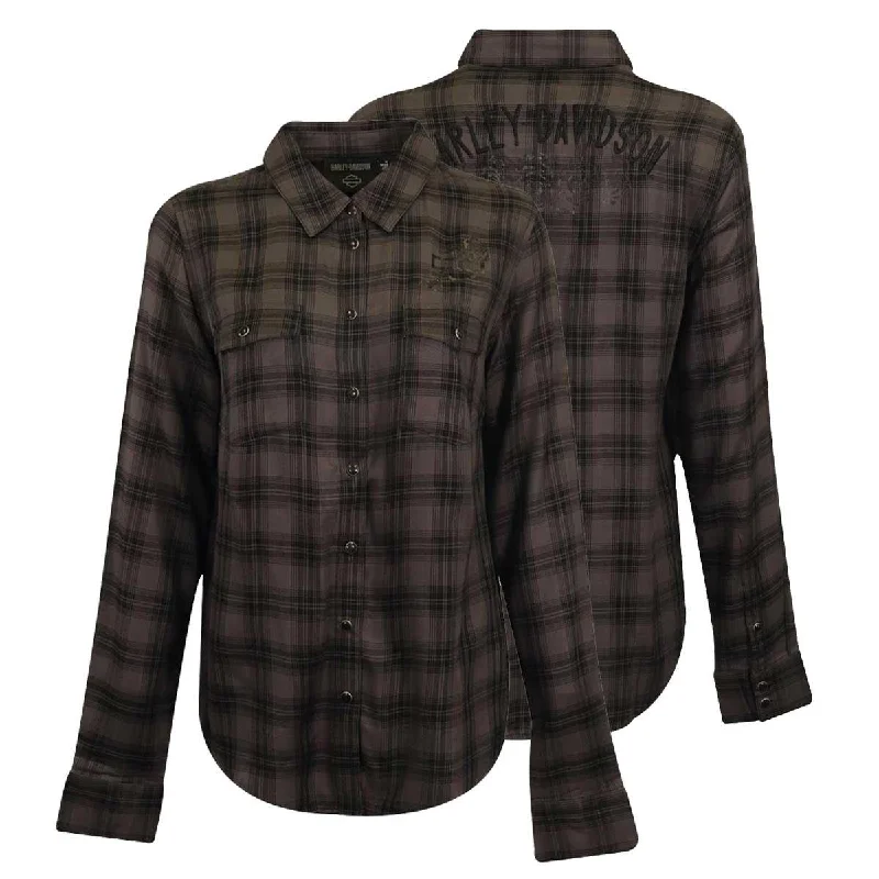 HD Branded Women's Shirt Black Grey Plaid Rose L/S Woven (S18)