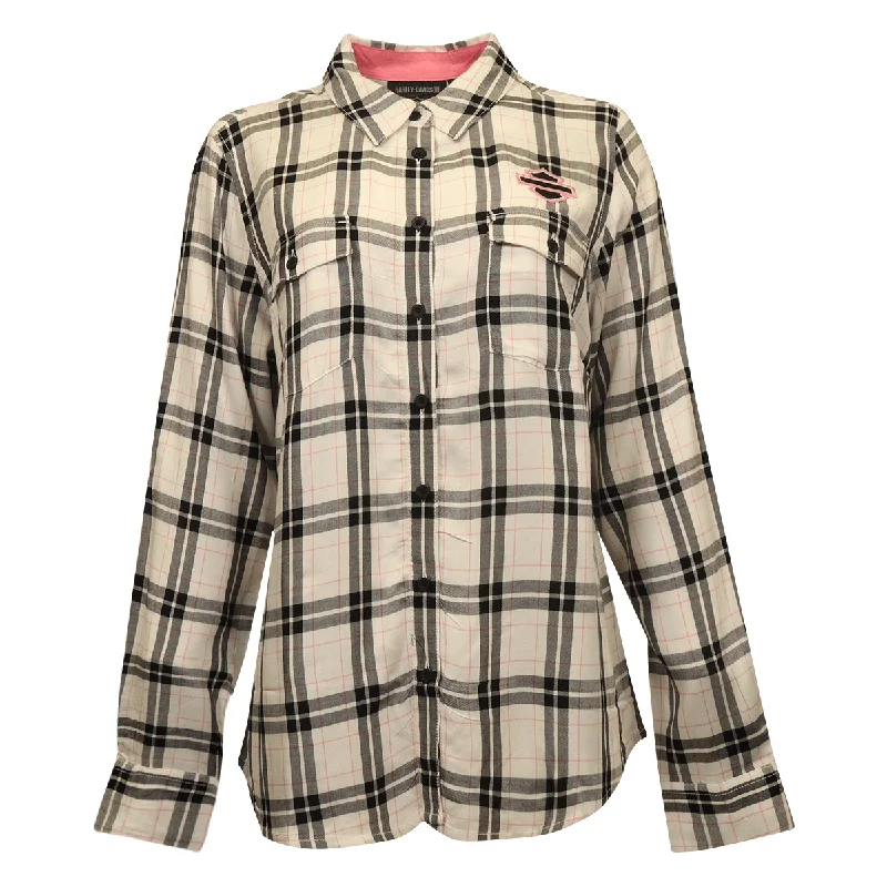 HD Branded Women's Shirt Black White Pink Plaid Text L/S Woven (S21)