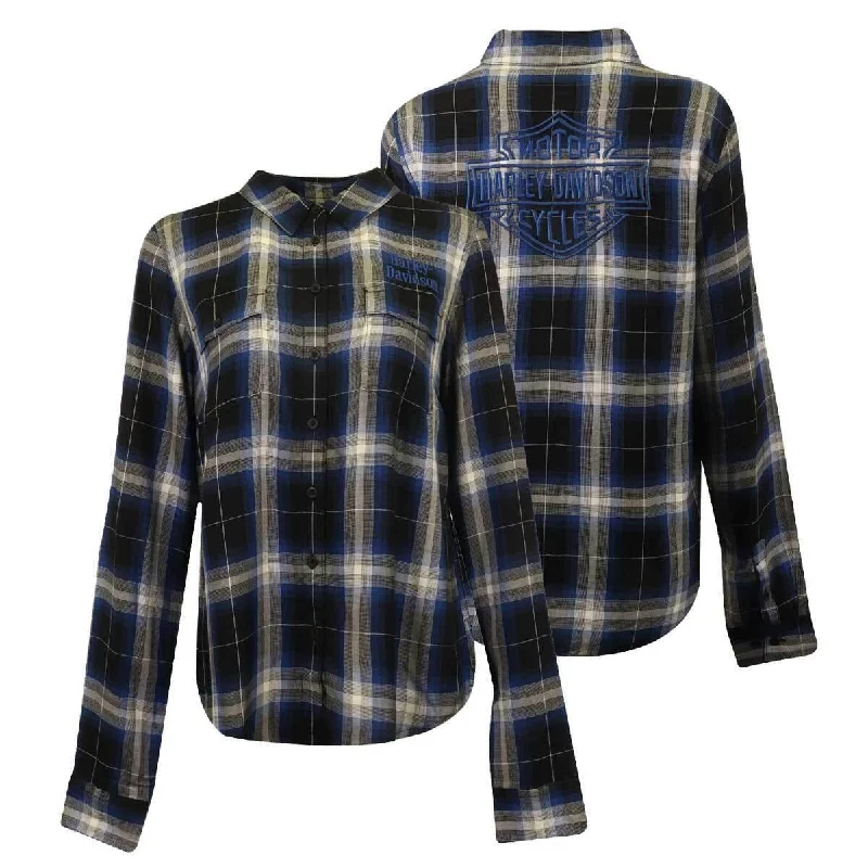 HD Branded Women's Shirt Blue Black Plaid Text L/S Woven (S20)