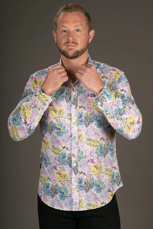 Pink Floral Print Cotton Slim Fit Mens Shirt Long Sleeve