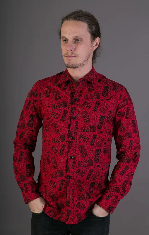 Red Totem Aztec Print Cotton Slim Fit Mens Shirt Long Sleeve