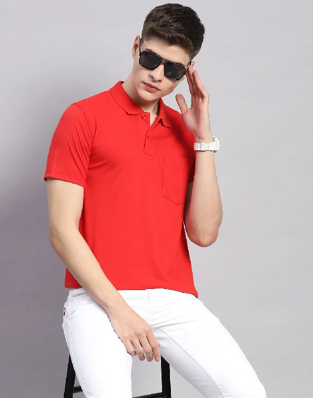 Men Red Solid Polo Collar Half Sleeve T-Shirt