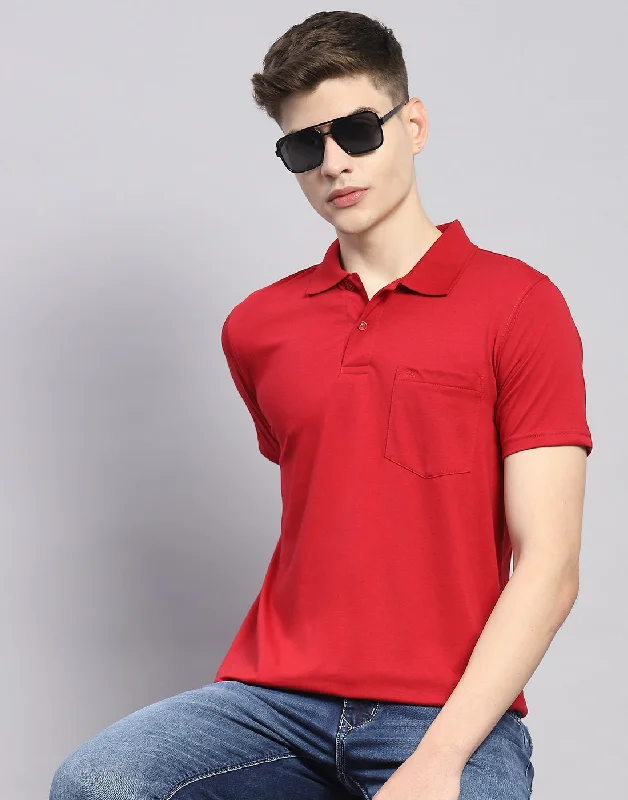 Men Red Solid Polo Collar Half Sleeve T-Shirt